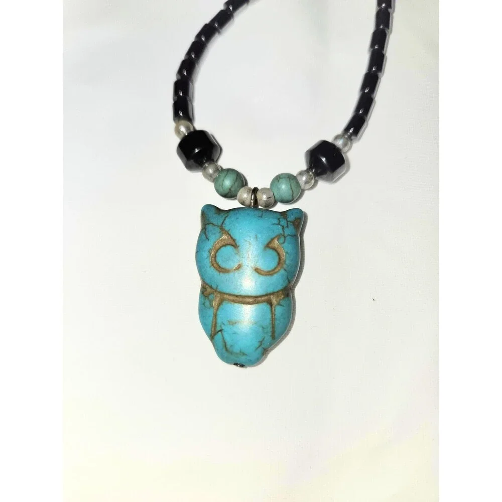 Owl Pendant Beaded Necklace & Matching Stretch Bracelet Set Black Turquoise Tone